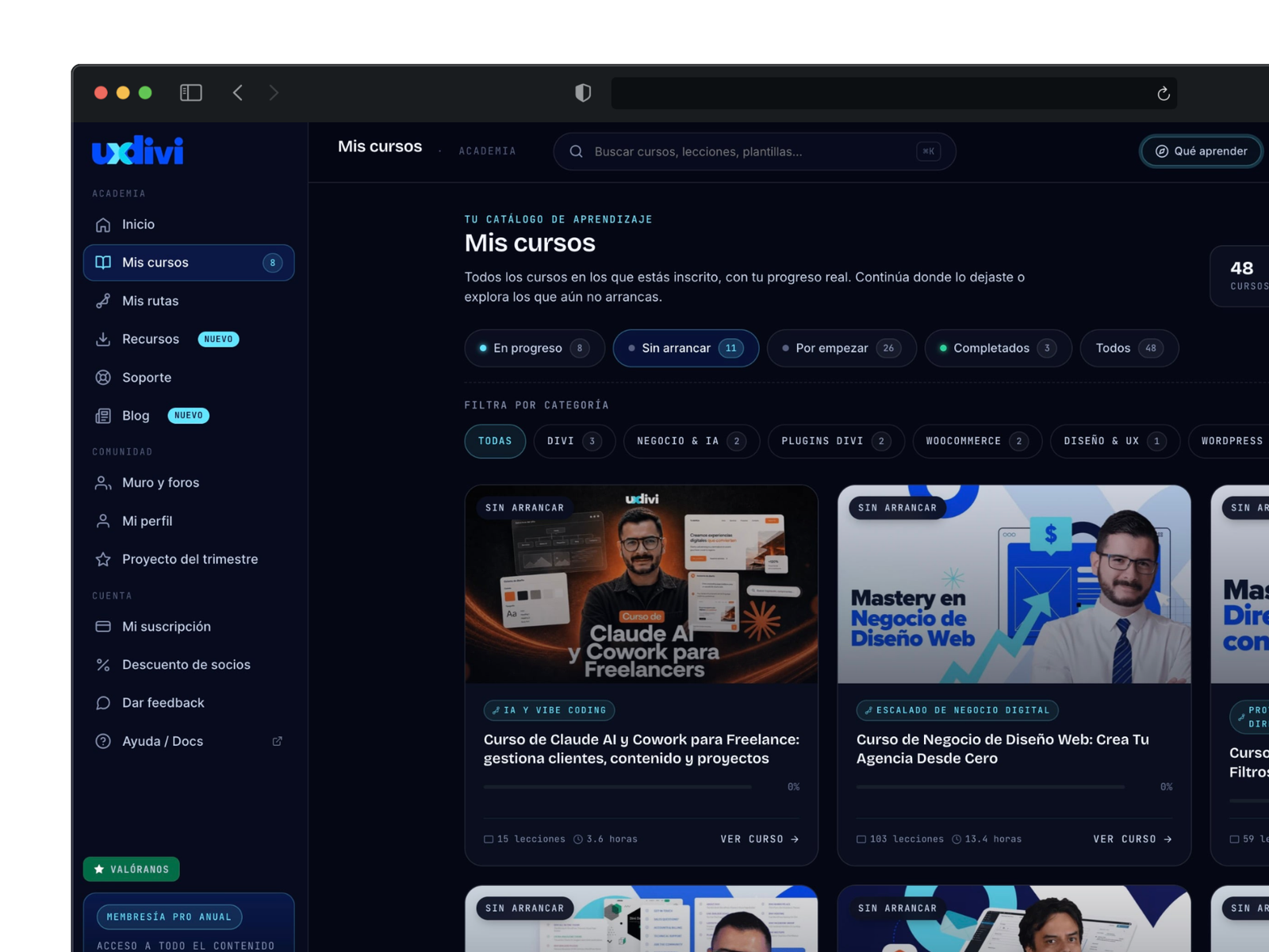 Catálogo de cursos UXDivi con proyectos reales