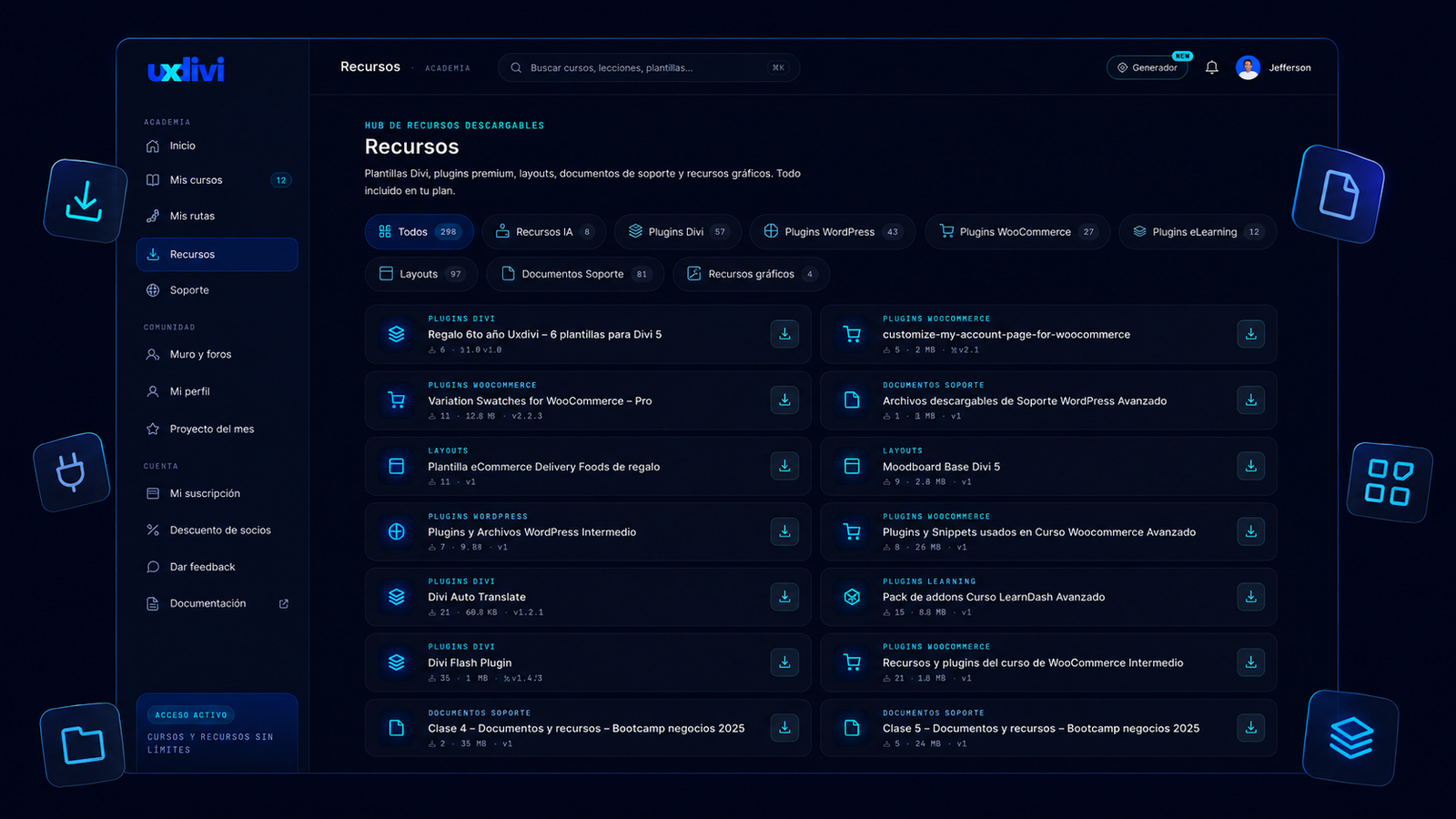 Hub de recursos UXDivi — plugins, layouts y plantillas premium