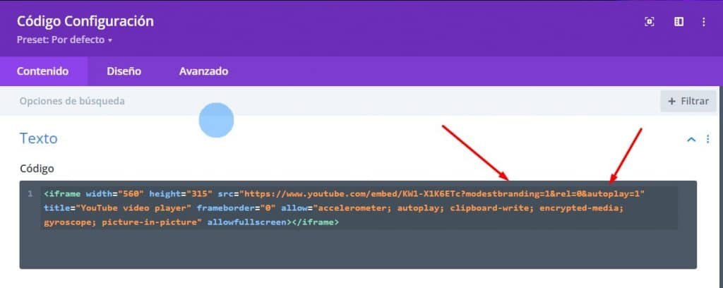 Personalizar código - Insertar videos de YouTube en Divi con parámetros y autoplay