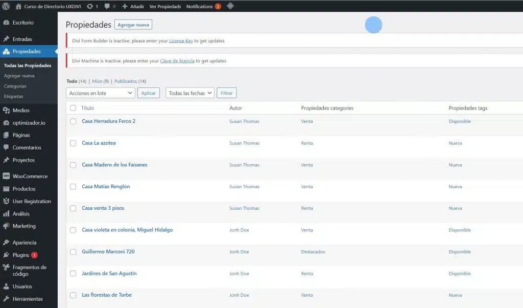 tipo de contenido personalizado de propiedades en directorio