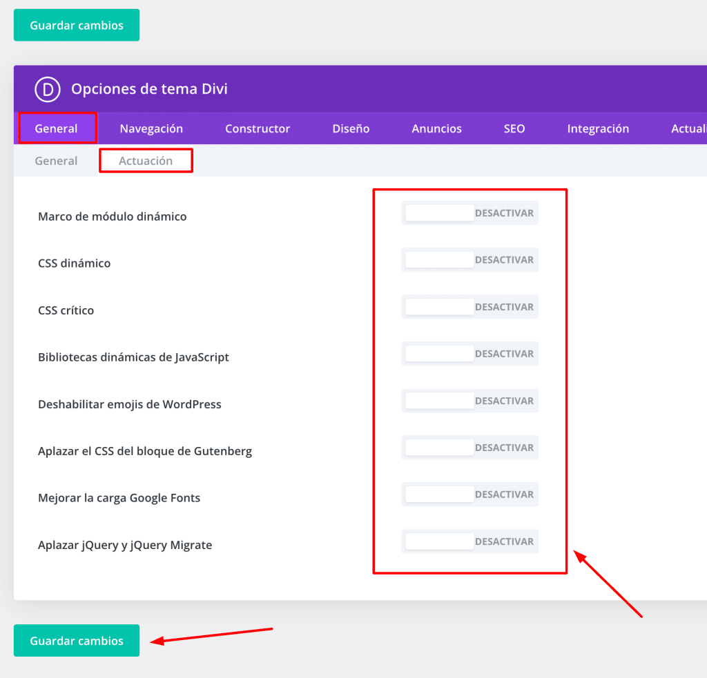 desactivar todas las opciones de performance de Divi para verificar si alguna da un error